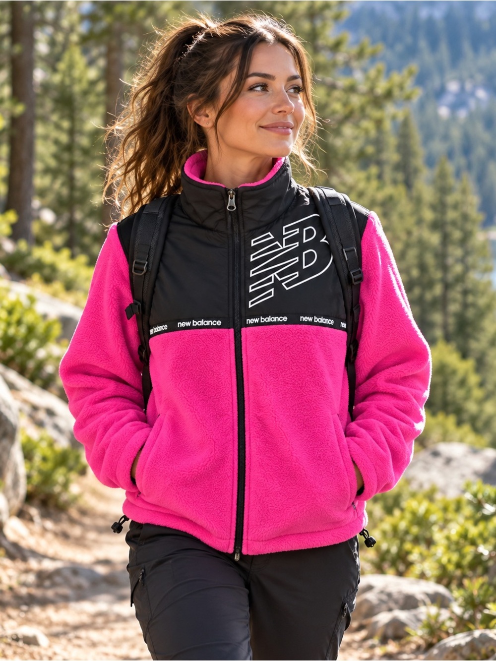 New Balance Hot Pink Fleece Zip Jacket Black Colorblock Women’s L Hiking Cabine